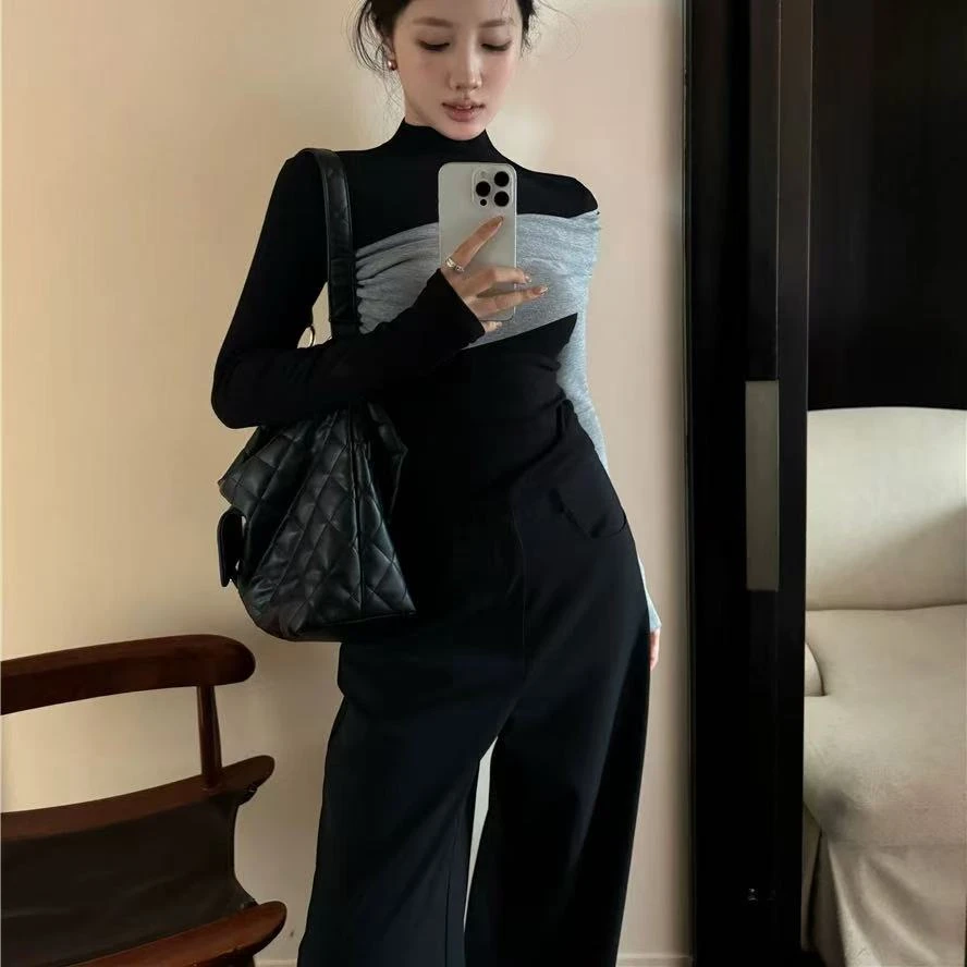 西西  撞色拼接磨毛显瘦上衣