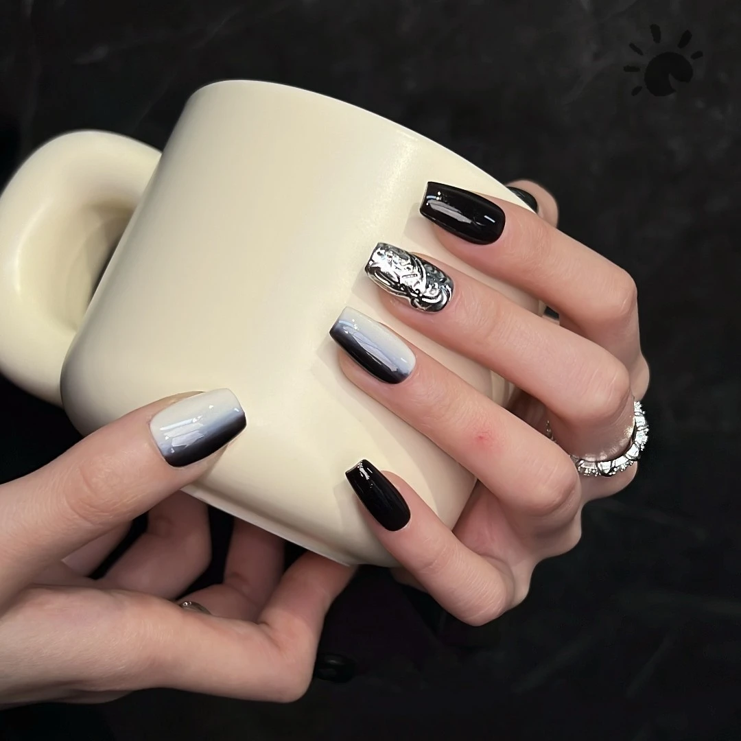 「伯爵」渐变黑色魔镜粉晕染勾勒网红款显白高级气质感纯手工穿戴甲