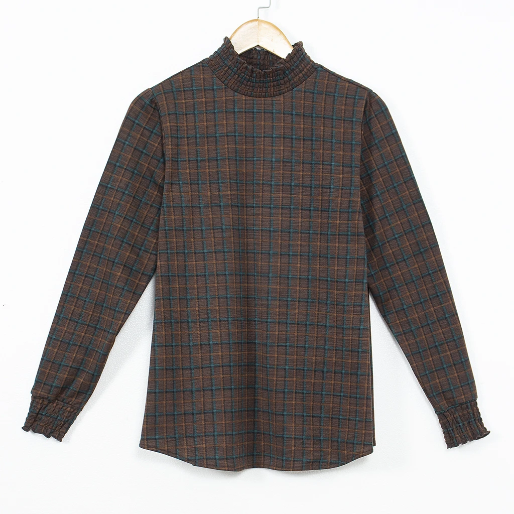 复古格子百搭文艺衬衫时尚洋气秋冬保暖半高领长袖打底上衣HH032