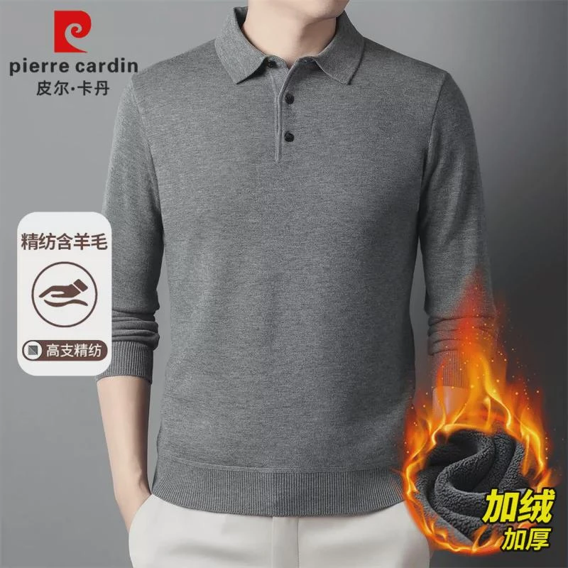 皮尔卡丹加绒加厚男士羊毛针织衫秋冬中老年休闲百搭长袖保暖毛衣