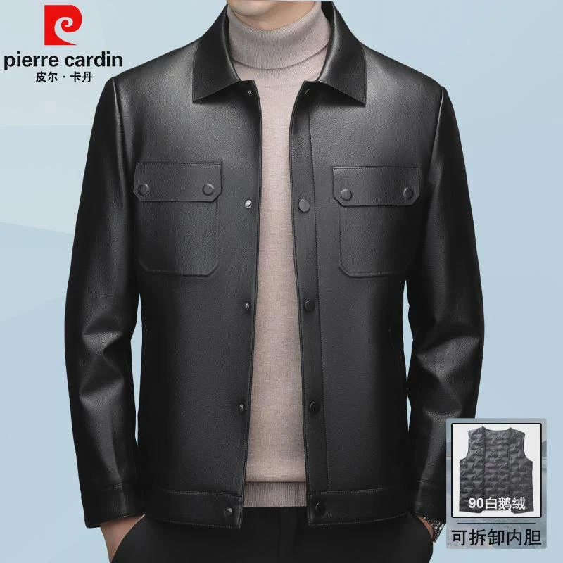 皮尔卡丹高档皮衣男外套翻领中年爸爸装可拆卸内胆商务休闲皮夹克