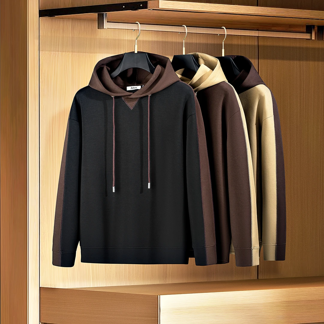 春秋季高端男士修身连帽卫衣时尚潮流撞色拼接空气层太空棉休闲上