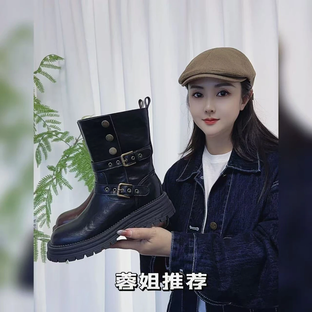 【唯品专属】7592-7真皮新款时尚马丁靴防滑短靴双扣百搭女鞋