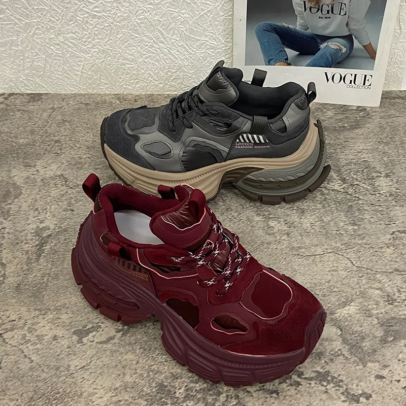 【唯品专属】1161-66秋季新款厚底老爹鞋小个子增高系带运动鞋