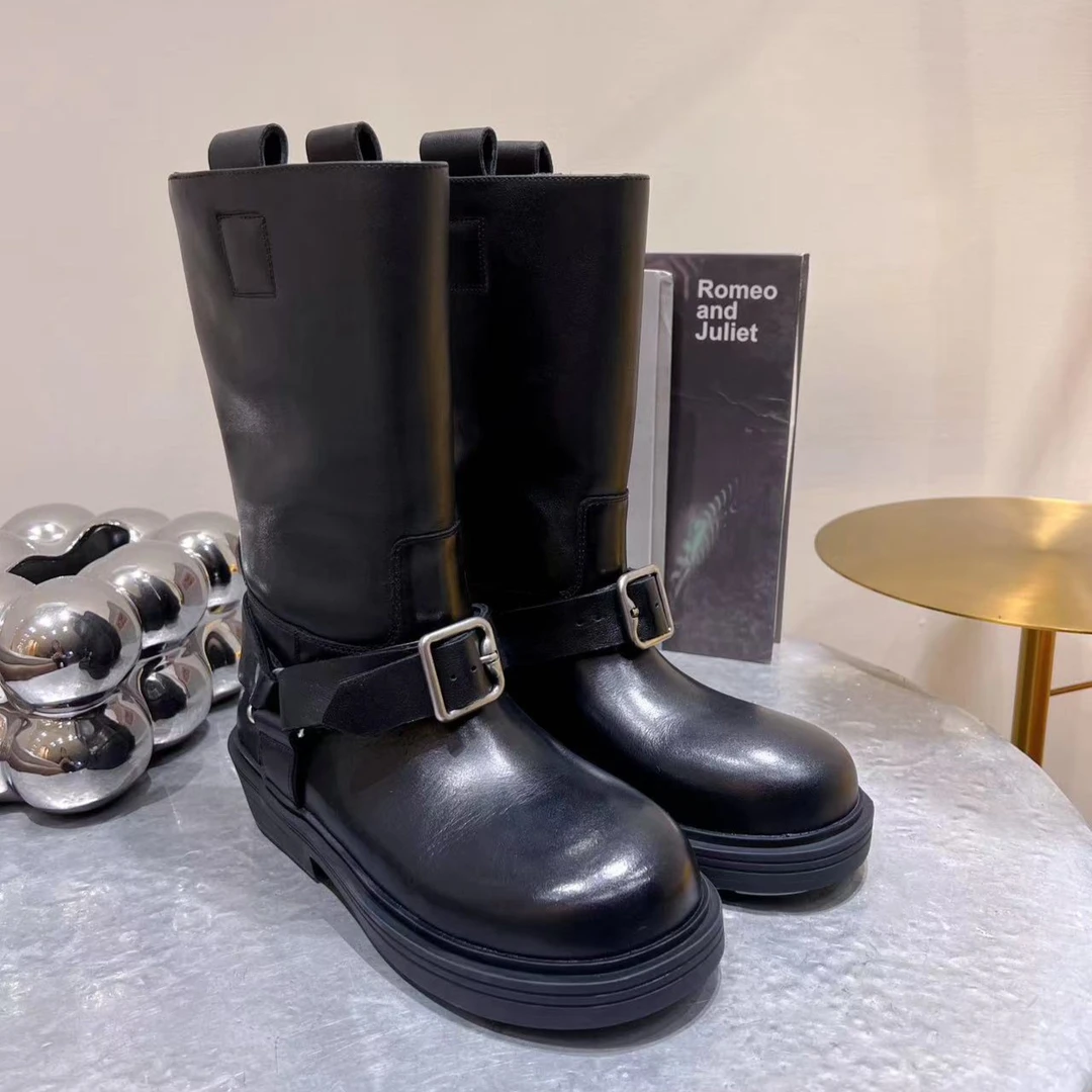 【唯品专属】7601-07真皮西部靴时尚高筒女中筒靴圆头防滑时装靴