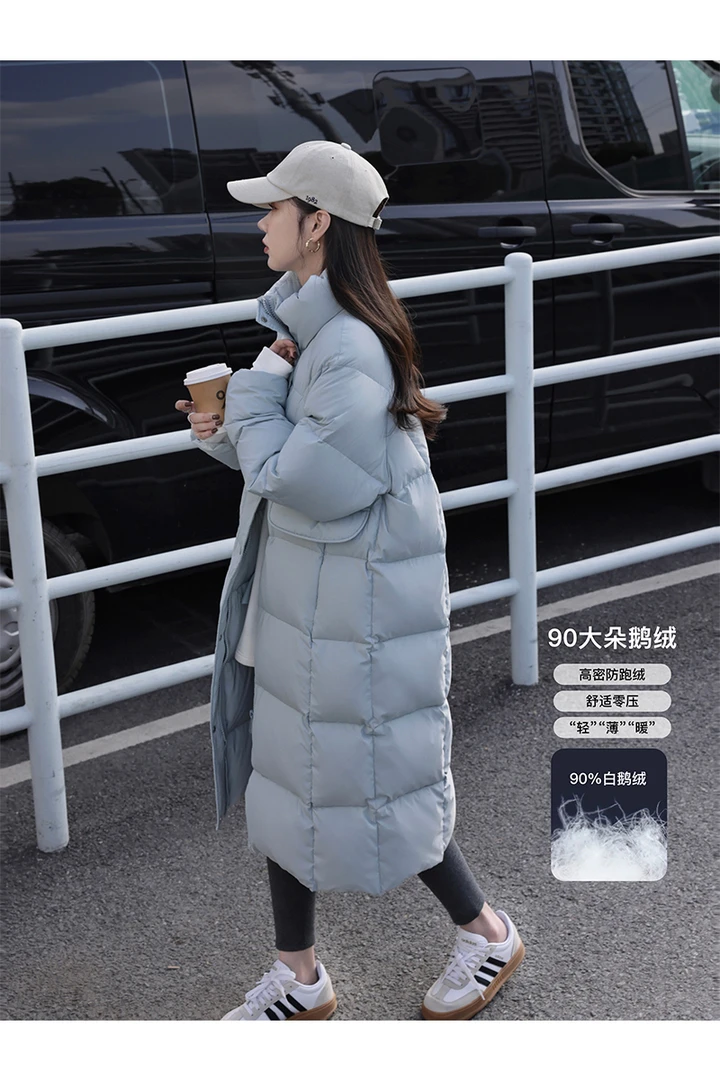 90白鹅绒羽绒服女加厚过膝中长款韩版外套时尚秋冬立领