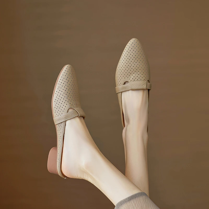 兔妮儿羊皮低跟软底镂空洞洞拖鞋女包头半拖凉鞋外穿女士透气女鞋