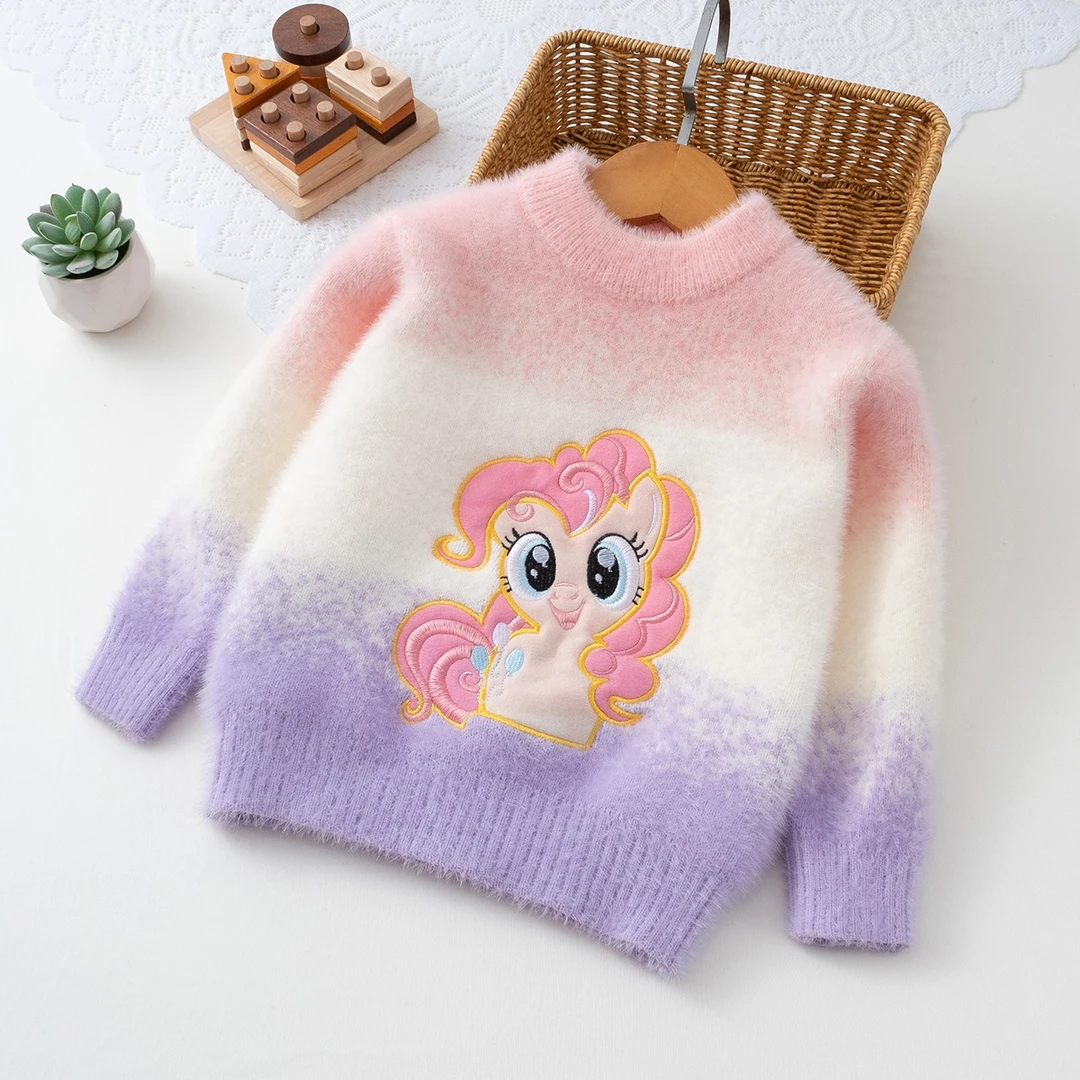 2024新款卡通刺绣拼接色仿貂绒圆领洋气女童针织儿童毛衣加厚冬季