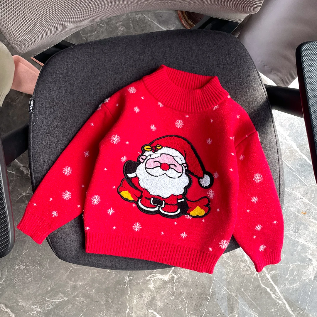 圣诞老人一体绒新款圆领保暖洋气女童针织儿童毛衣
