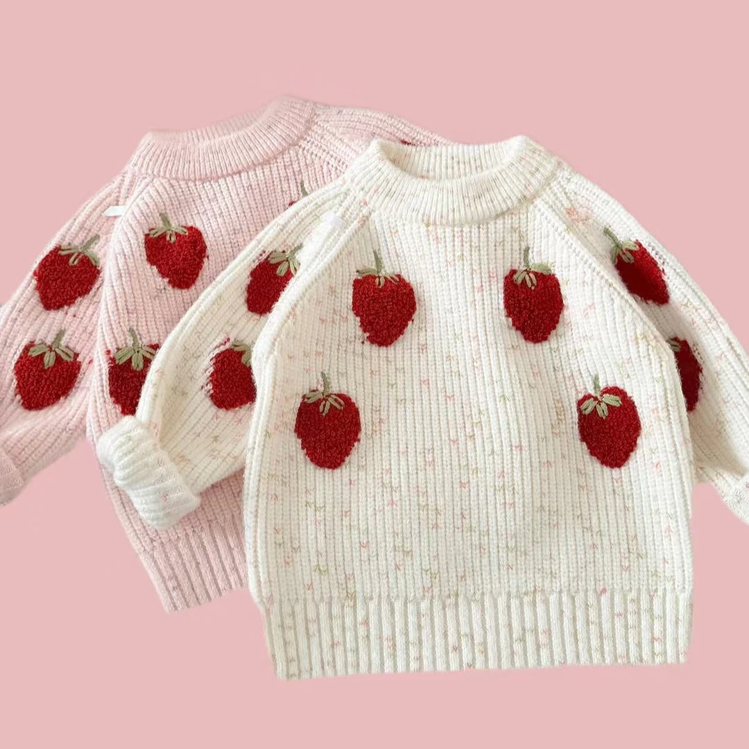女童草莓彩色纱线卡通动漫公主风厚款毛衣针织衫圆领套头冬季宝宝