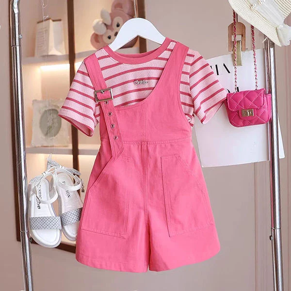 儿童背带裤套装2024夏季女宝宝韩版时髦洋气透气中大童休闲小女孩