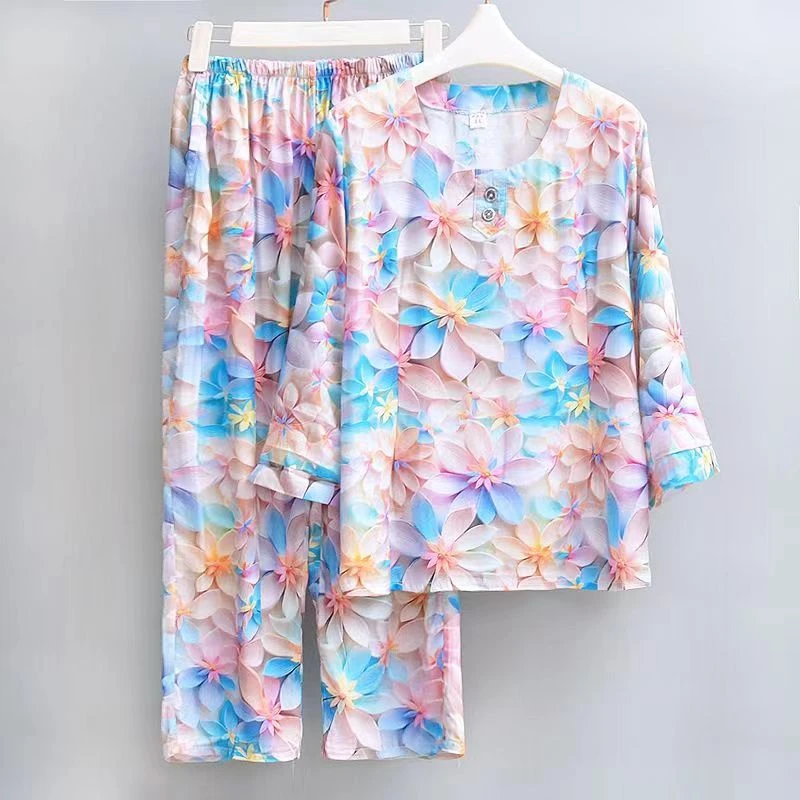 睡衣女绵绸套装夏季新款印花中老年宽松显瘦时尚妈妈装休闲两件套