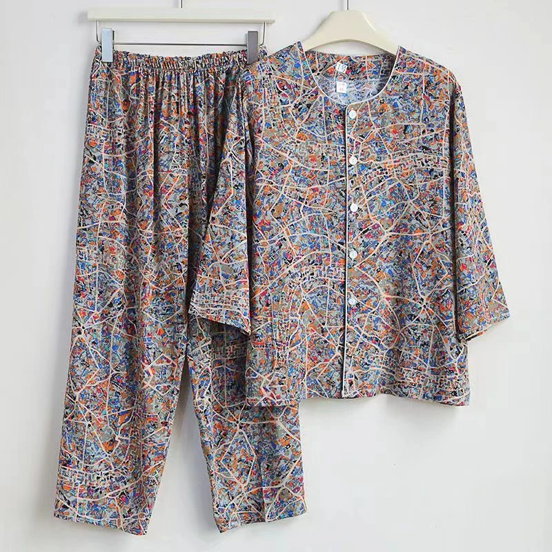 中老年妈妈装夏季薄款宽松老人老年人印花加肥大码棉绸套装家居服