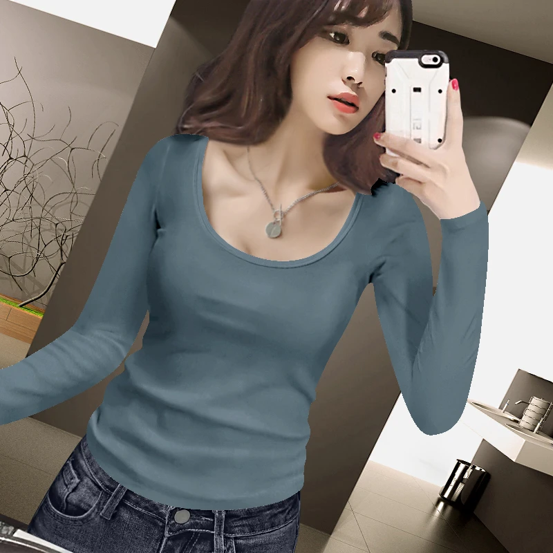 莫代尔长袖打底衫女双U领露背修身铁灰大领口春秋新款显瘦T恤上衣