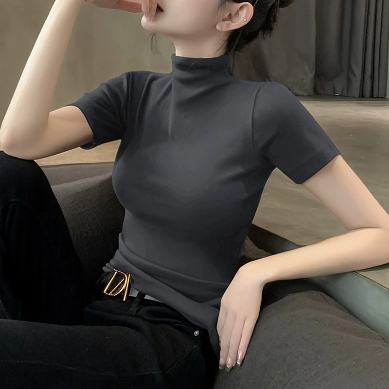 莫代尔高领短袖t恤女夏季女装新款黑色打底衫针织T恤内搭上衣服