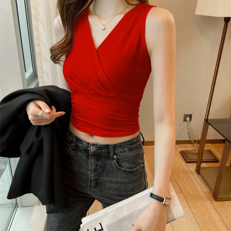 红色v领吊带背心女内搭夏季新款设计感小众紧身美背纯棉无袖上衣