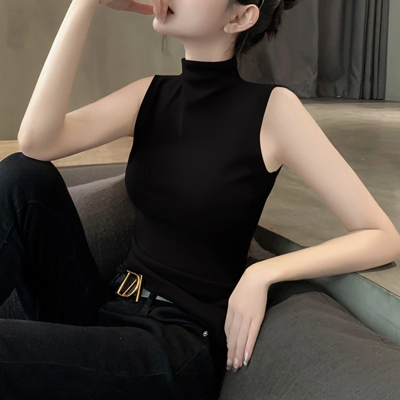 莫代尔半高领背心女夏季新款内搭无袖上衣设计感小众黑色紧身女装