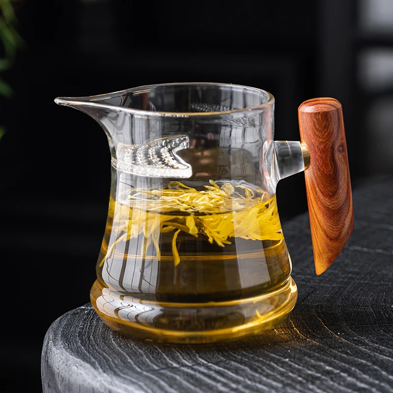 自带过滤网一体加厚耐热月牙片玻璃泡绿茶杯分茶器茶水分离公道杯