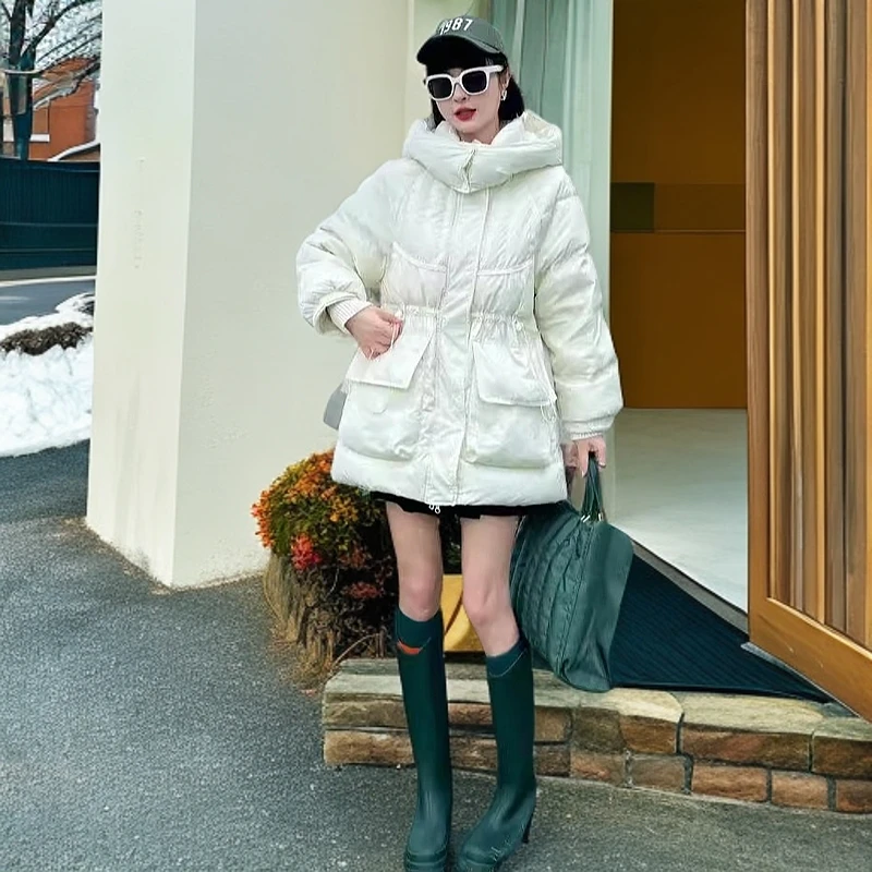 冬季新款女中长款羽绒服时尚休闲百搭上衣白鸭绒1050收腰潮流韩版