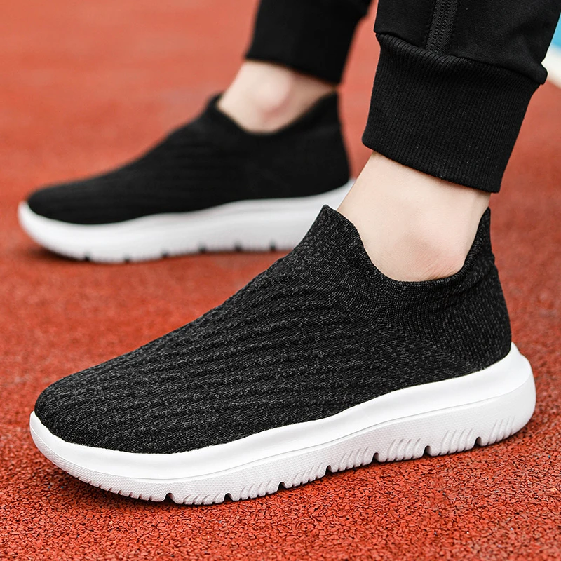 春季男鞋男士休闲鞋子飞织袜子鞋一脚蹬黑色懒人运动鞋男款爸爸鞋