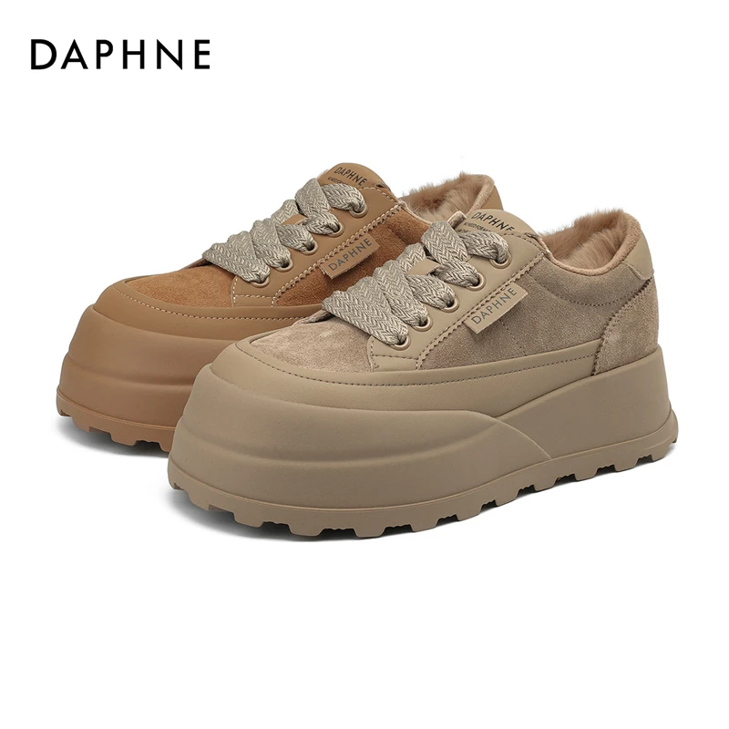 达芙妮女式时尚厚底秋冬加绒保暖百搭复古小众圆头系带潮流休闲鞋