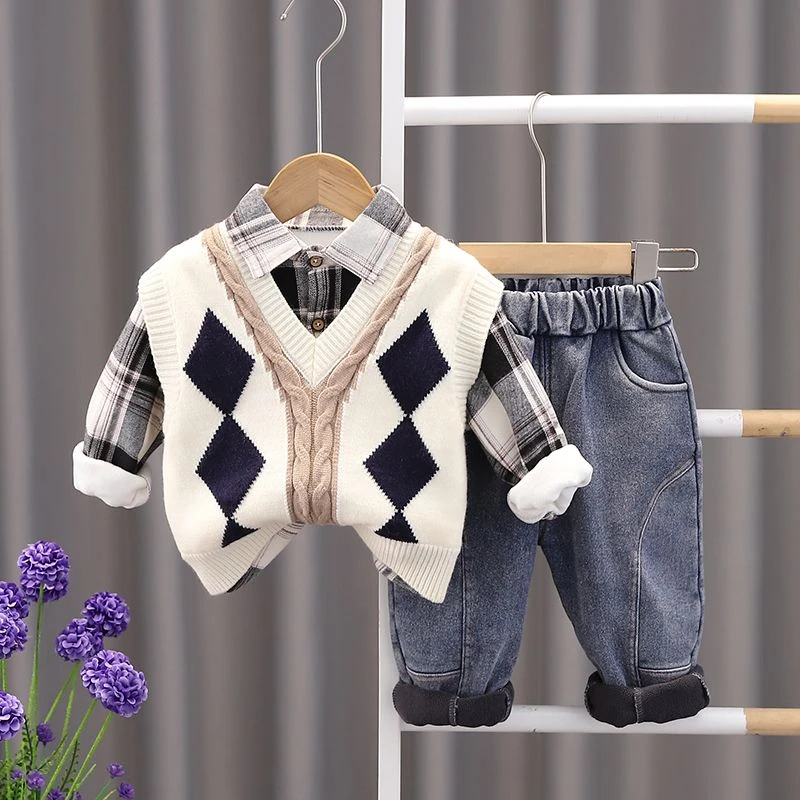 男童装秋冬季加绒加厚三件套婴儿童毛衣男宝宝冬装套装1-3岁5D55