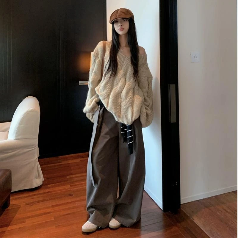 2024秋冬新款套装女韩版宽松慵懒风V领毛衣女休闲百搭显瘦阔腿裤