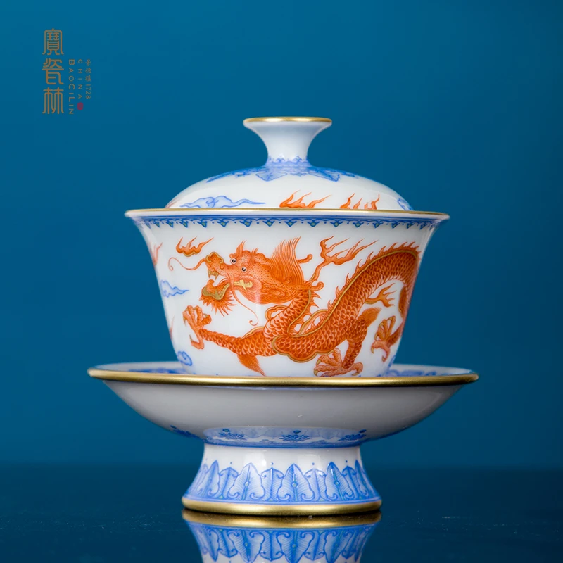 蓝料珐琅矾红龙纹杯
