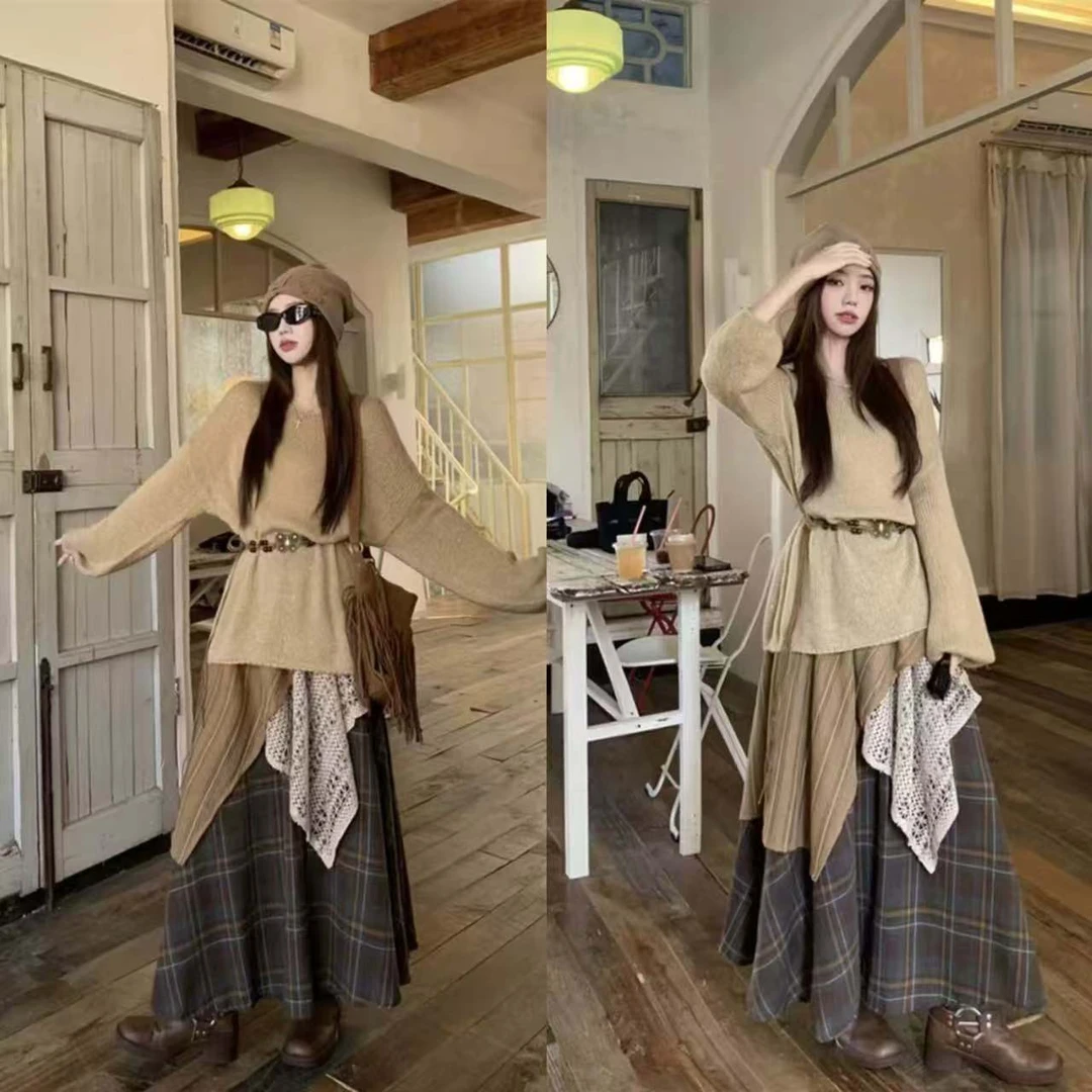 大码胖MM新款套装慵懒风宽松不规则格子拼接半身裙女秋冬时尚爆款