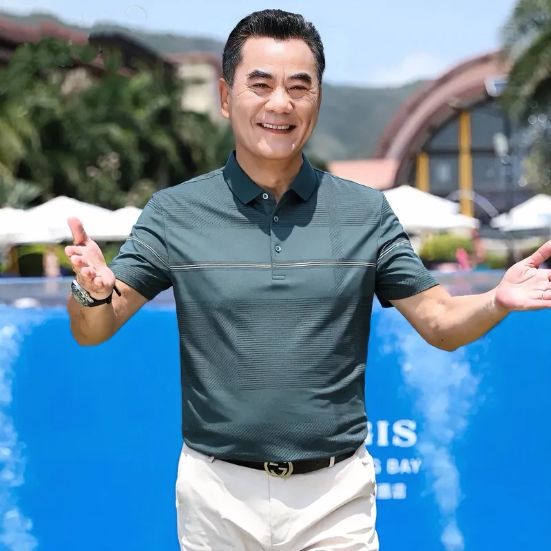 本命年爸爸夏装短袖t恤男士冰丝polo衫父亲上衣中老年人翻领男装