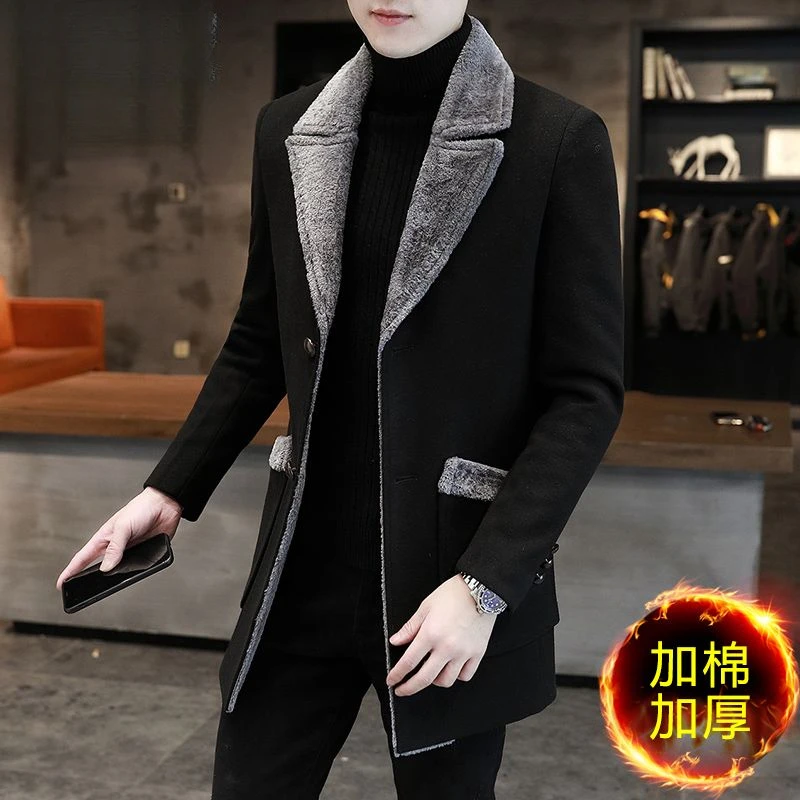 PLOVER大衣男冬季加棉加厚中长款休闲男士毛呢外套冬装风衣潮