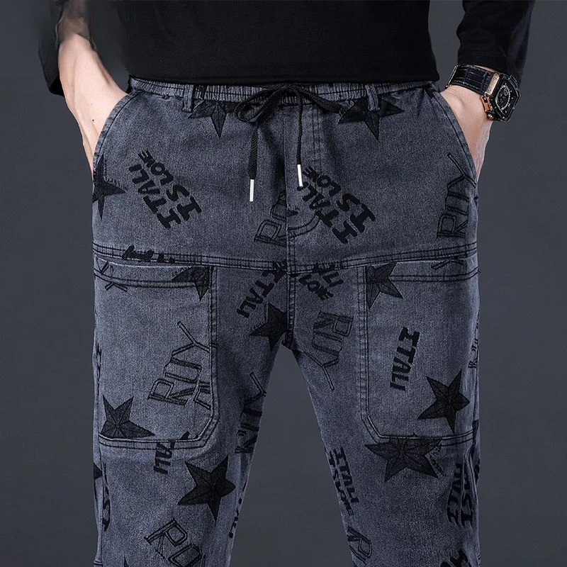 PLOVER束脚长裤男潮牌百搭提花松紧腰牛仔裤男加绒加厚束脚裤子男