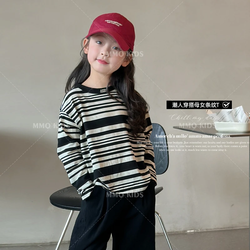【现货-潮人单品】母女春季新款女童条纹T恤中大童慵懒童装打底衫