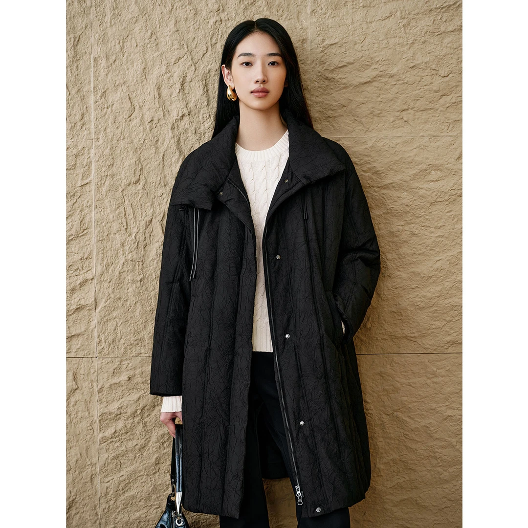 INSUN恩裳时尚休闲冬季新中式黑色肌理感中长款羽绒服9C64508800