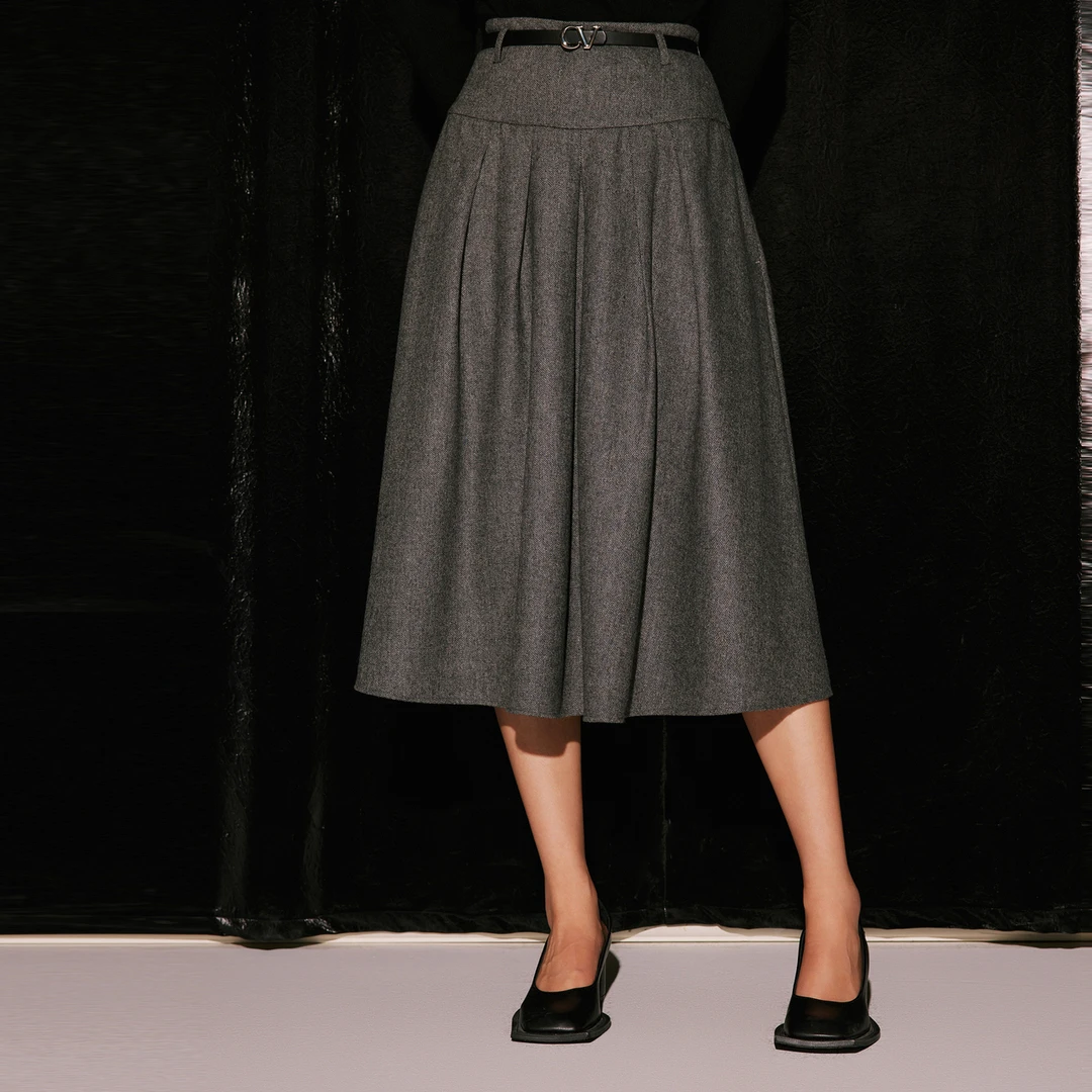 COVERINS冬装新款保暖绵羊毛斜纹百褶半身裙A字裙CC33550080