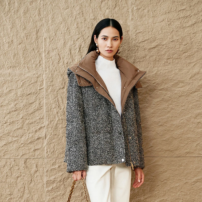 INSUN恩裳时尚休闲连帽宽松复古羊毛圈圈纱鹅绒羽绒服9C64508670