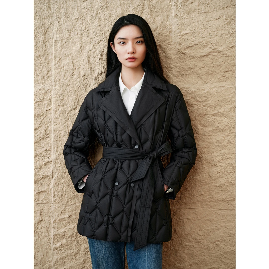 INSUN恩裳显瘦时尚收腰时髦翻领系带轻盈风衣式羽绒服9C64308570