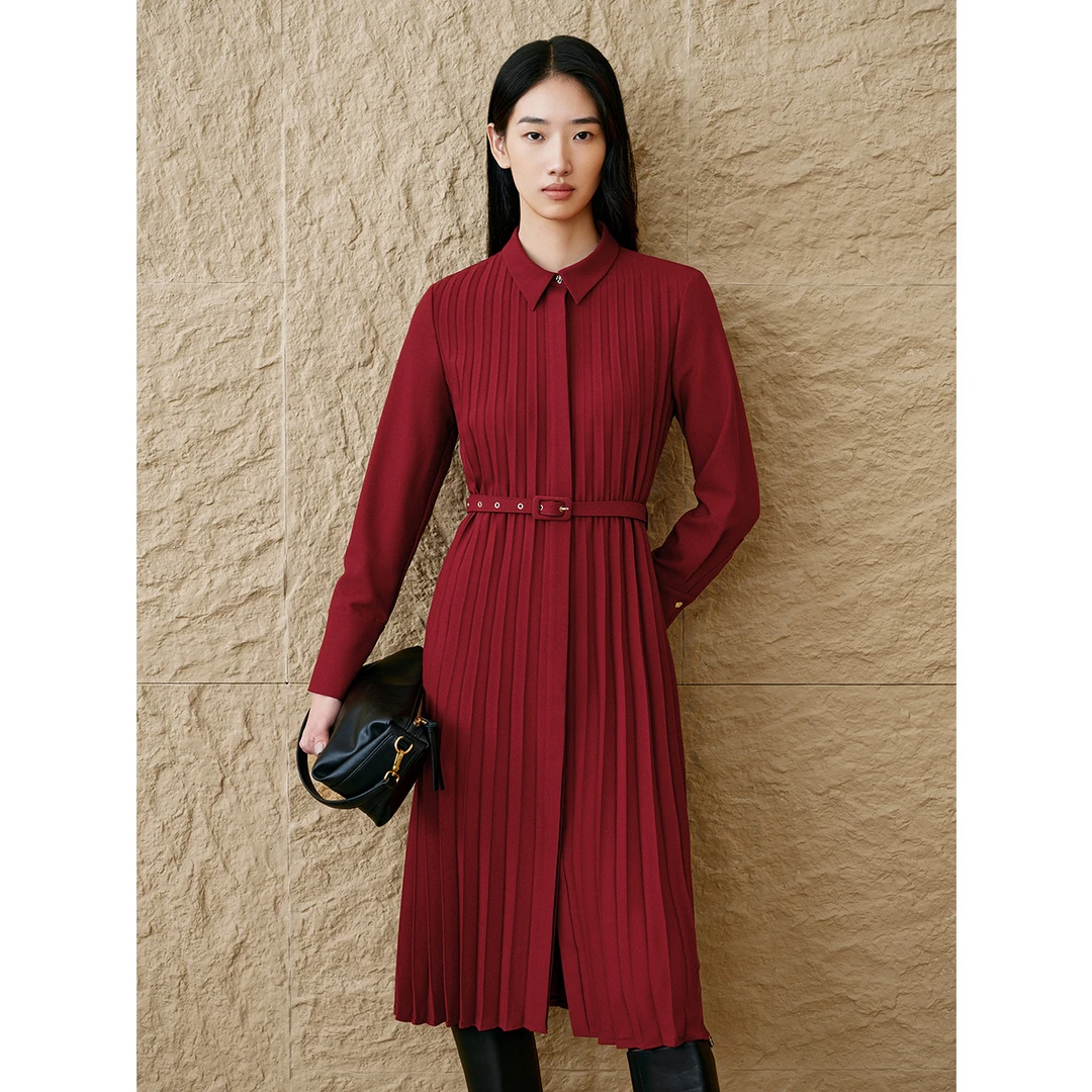 INSUN恩裳时尚小翻领天丝压褶连衣裙9C64505020