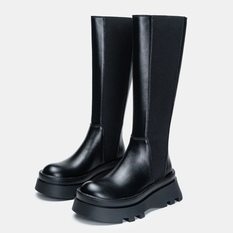 长筒靴女2024新款圆头高筒不过膝小个子长靴厚底靴子英伦风骑士靴