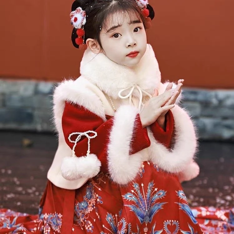冬款汉服加厚拜年服加绒2024新款冬季儿童马面裙新年过年喜庆衣装