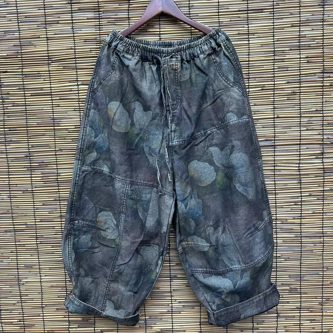 HY    咖色印花分割线牛仔裤