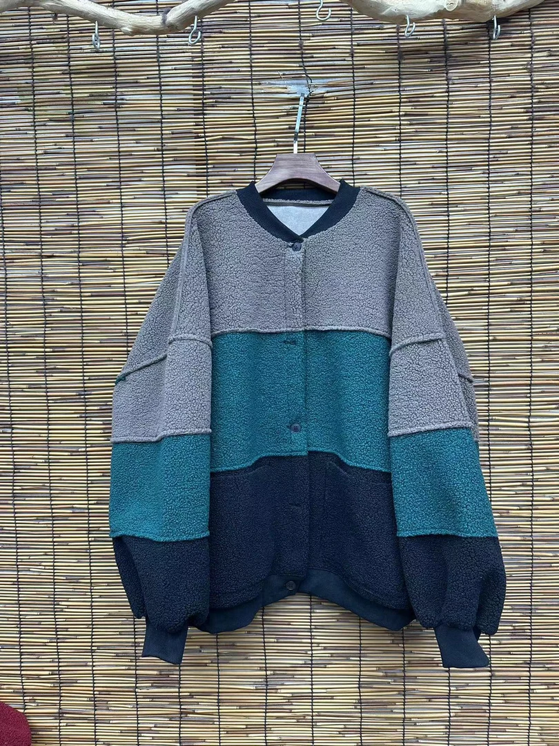 HY    拼色毛毛圆领外套