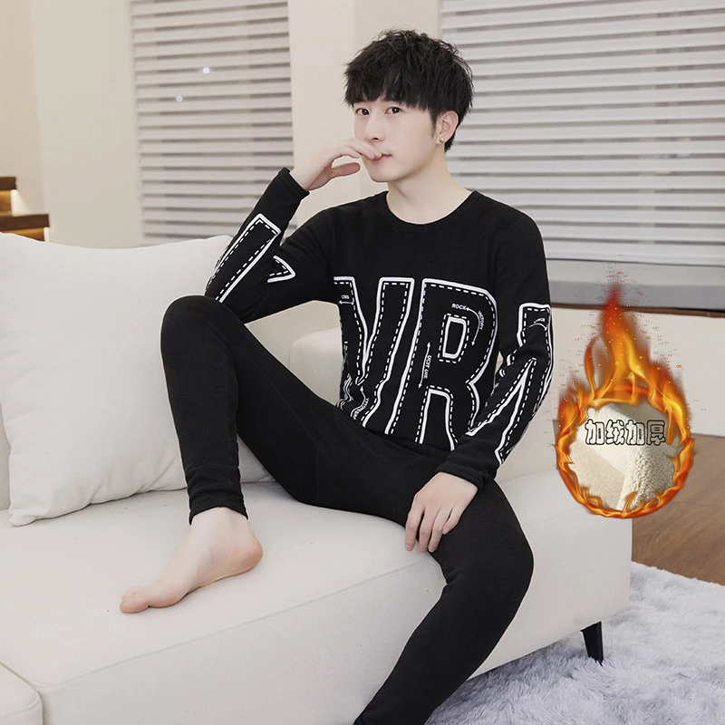 秋冬季青少年保暖衣套装男士圆领时尚印花加绒加厚秋衣秋裤打底衫