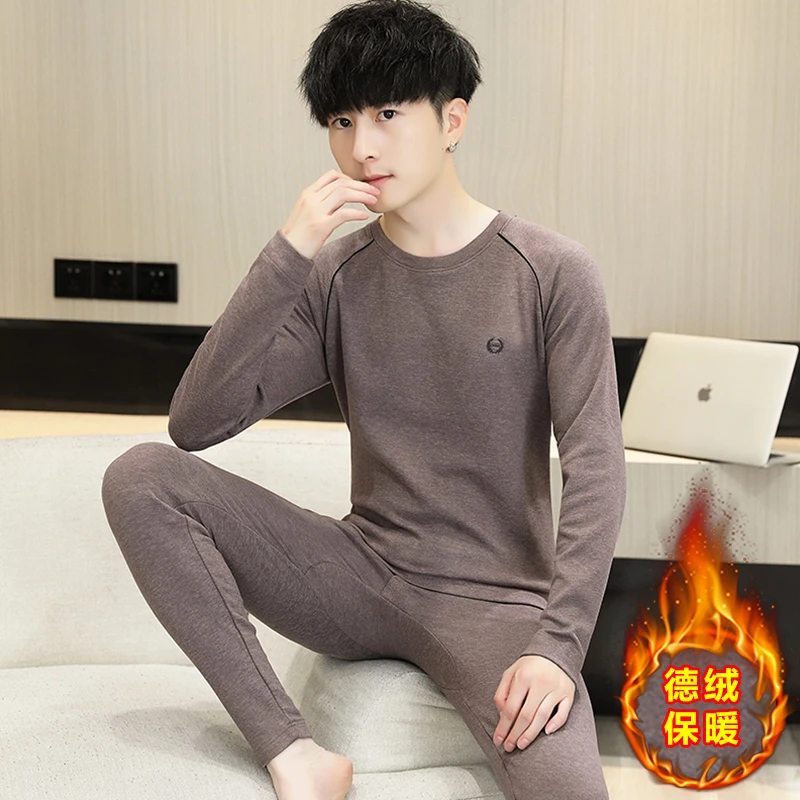 秋冬季羊绒桑蚕丝保暖内衣套装男加厚圆领德绒秋衣秋裤韩版打底衫