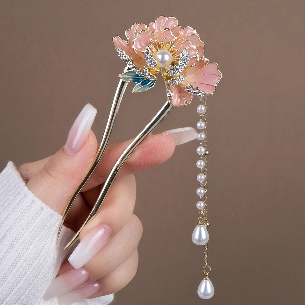 古风超仙日常百搭中国风牡丹花U形发簪简约贝珠气质复古盘发簪子