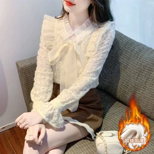 法式气质加绒加厚蕾丝衫女秋冬洋气百搭磨毛衬衫气质蝴蝶结上衣服