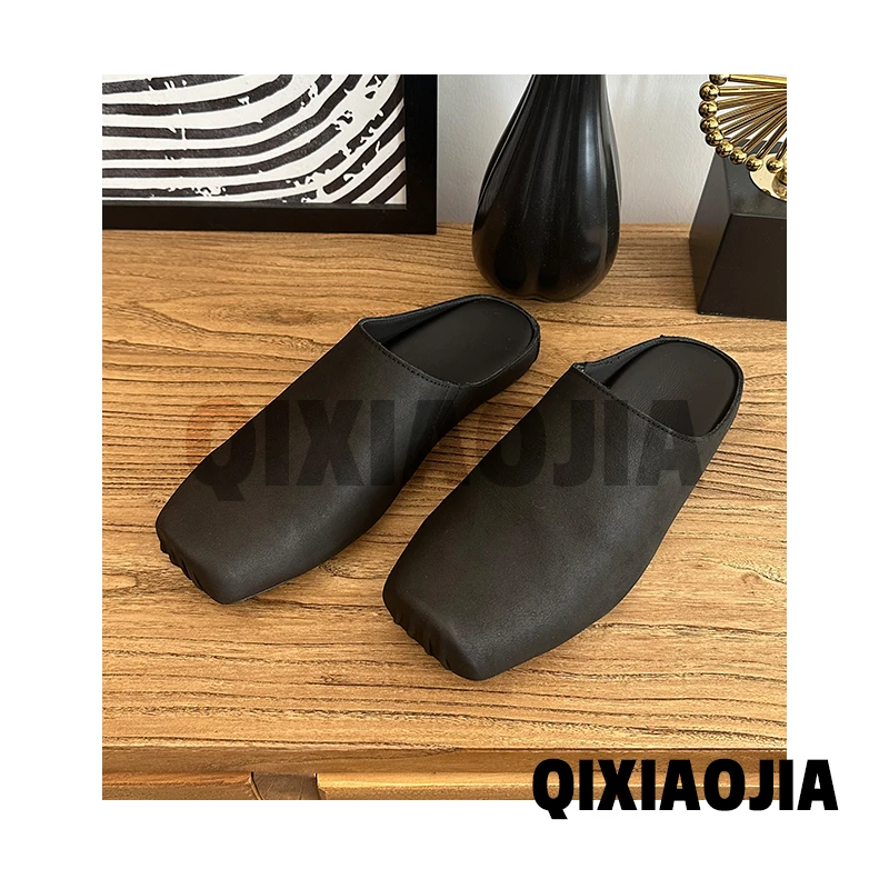 复古小牛皮方头拖鞋时髦包头纯色半拖平底鞋子