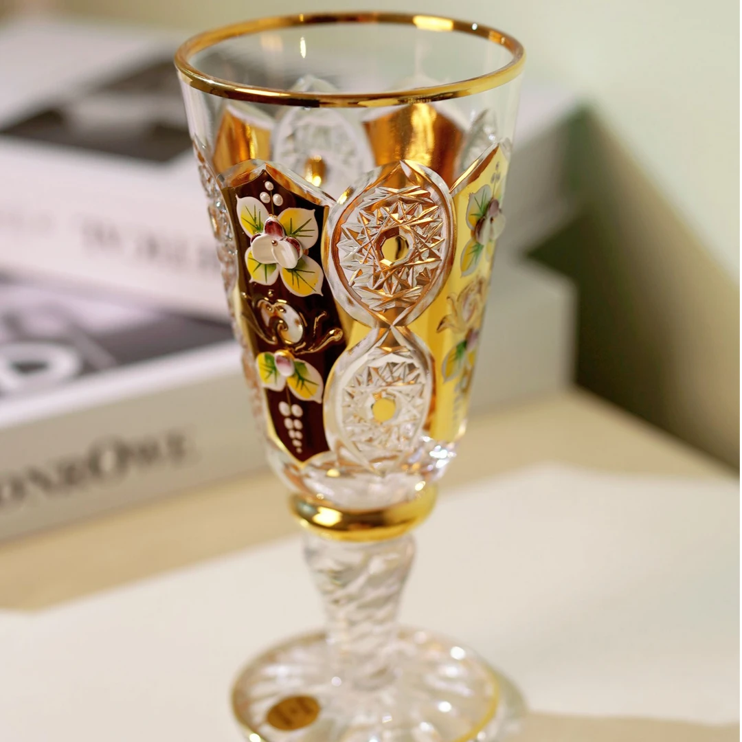 捷克进口水晶珐琅金轻奢家用真金洋酒杯高端描金欧式花纹