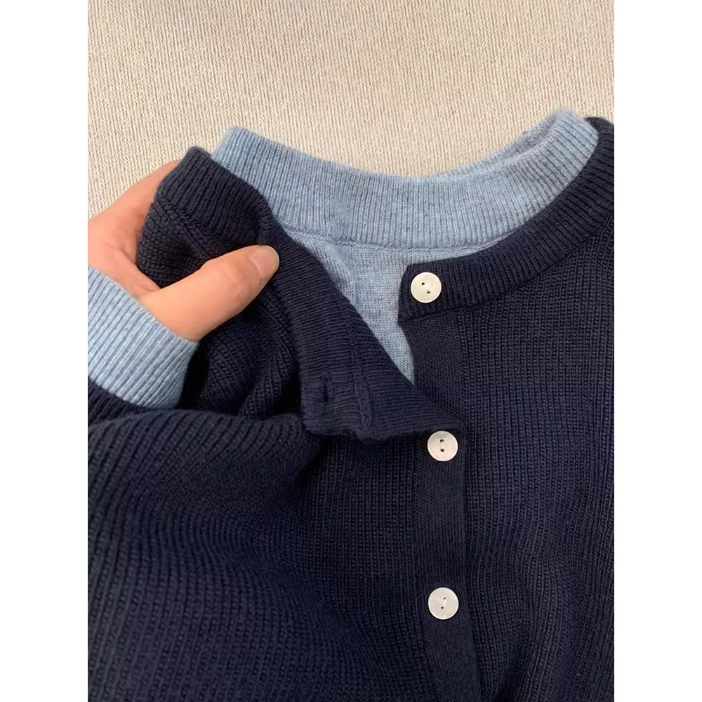 2025年新款高级感藏青色毛衣外套女春装慵懒宽松百搭假两件针织衫