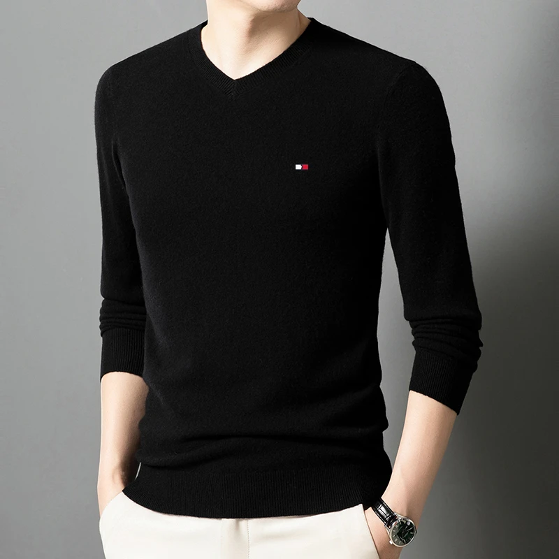 正品汤米男士羊毛衫秋冬商务休闲V领针织衫加厚保暖内搭打底毛衣